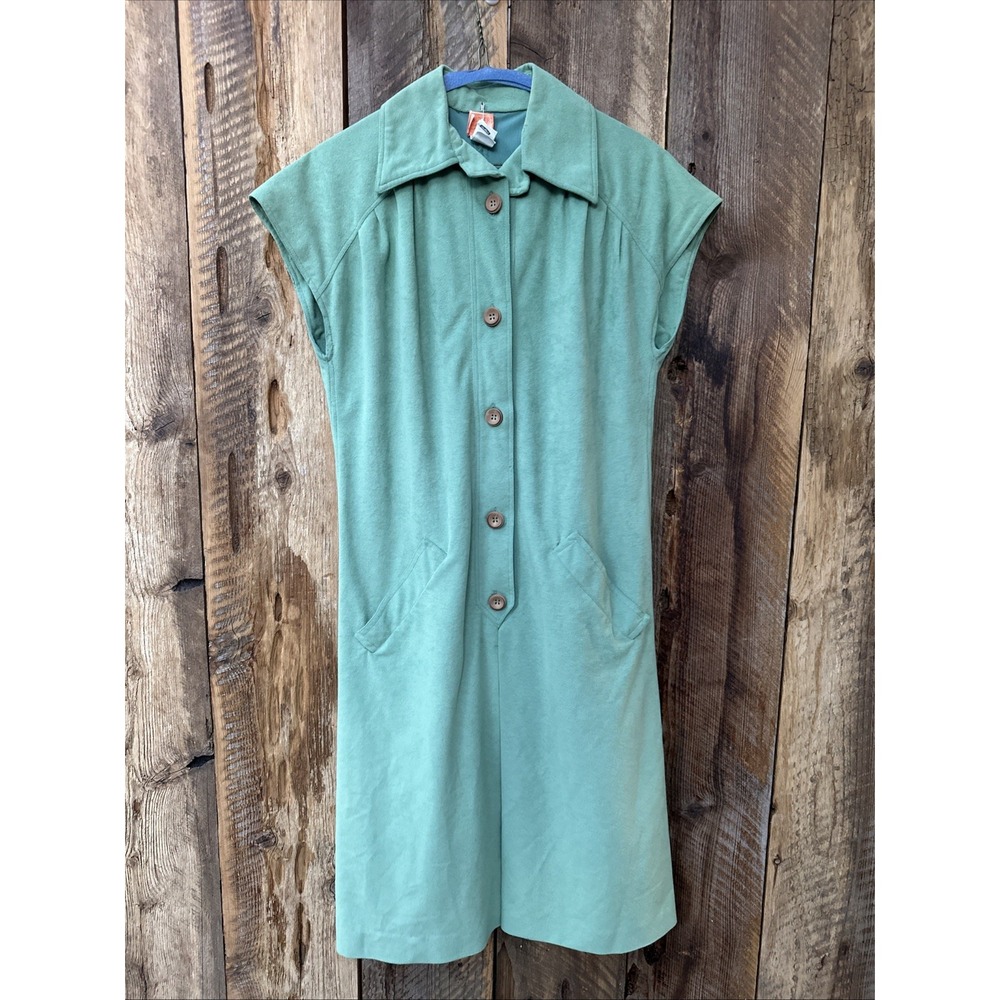 Vintage 70s Handmade Mint Green Shift Dress Mod Brady‎ Bunch Era Knit Size M